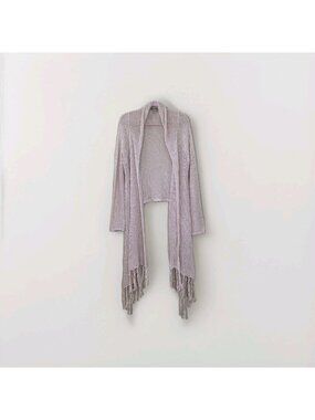 Democracy Open Knit Fringe Hem Cardigan L Cream Asymmetrical Waterfall Boho Edgy